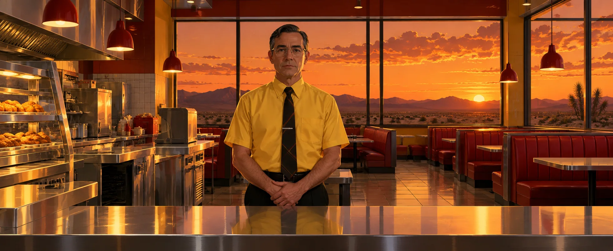 A neat restaurant manager with glasses in a yellow shirt stands upright behind the counter of a bright chicken restaurant at dusk.