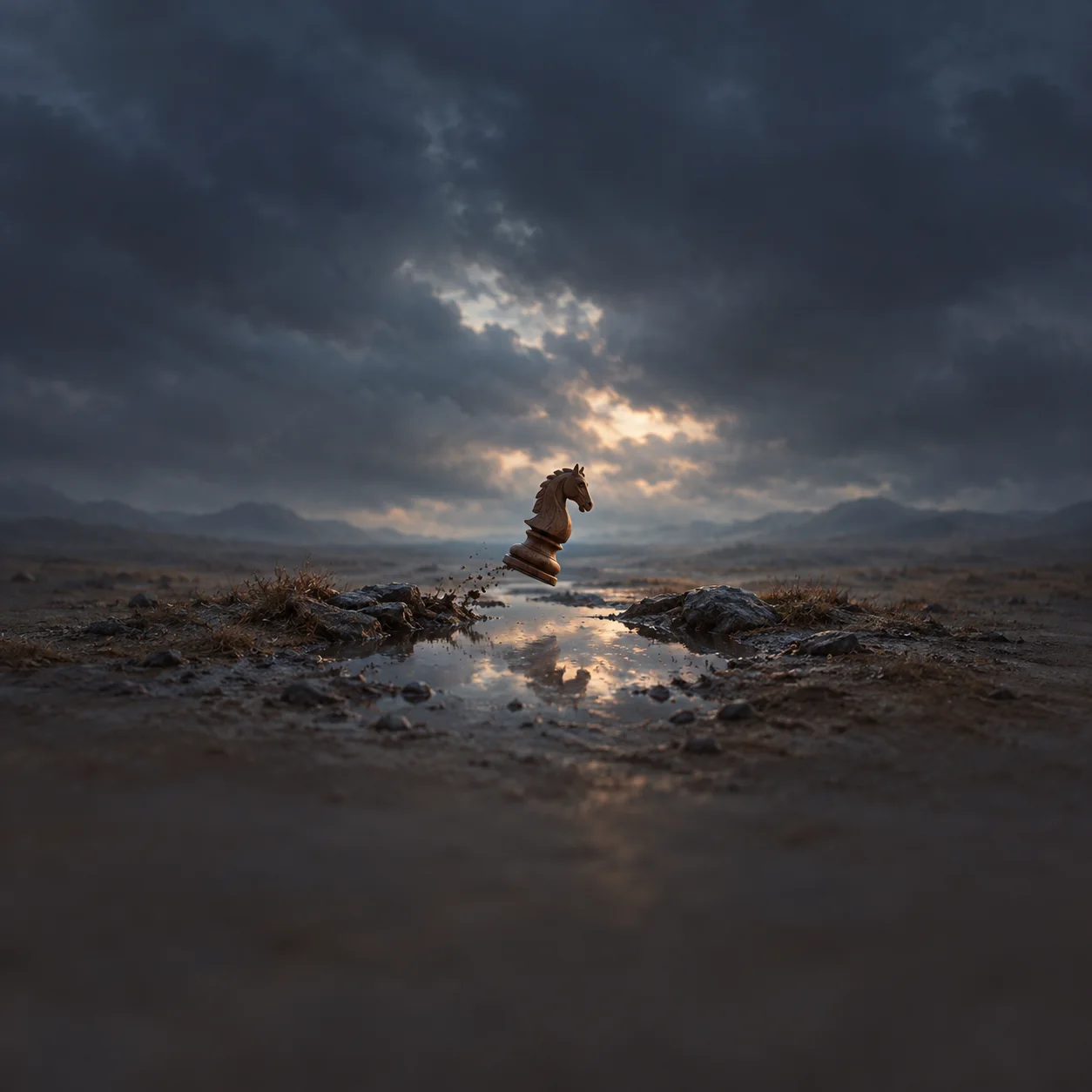 A wooden knight chess piece hovers above a small puddle reflecting a break in a stormy sky.