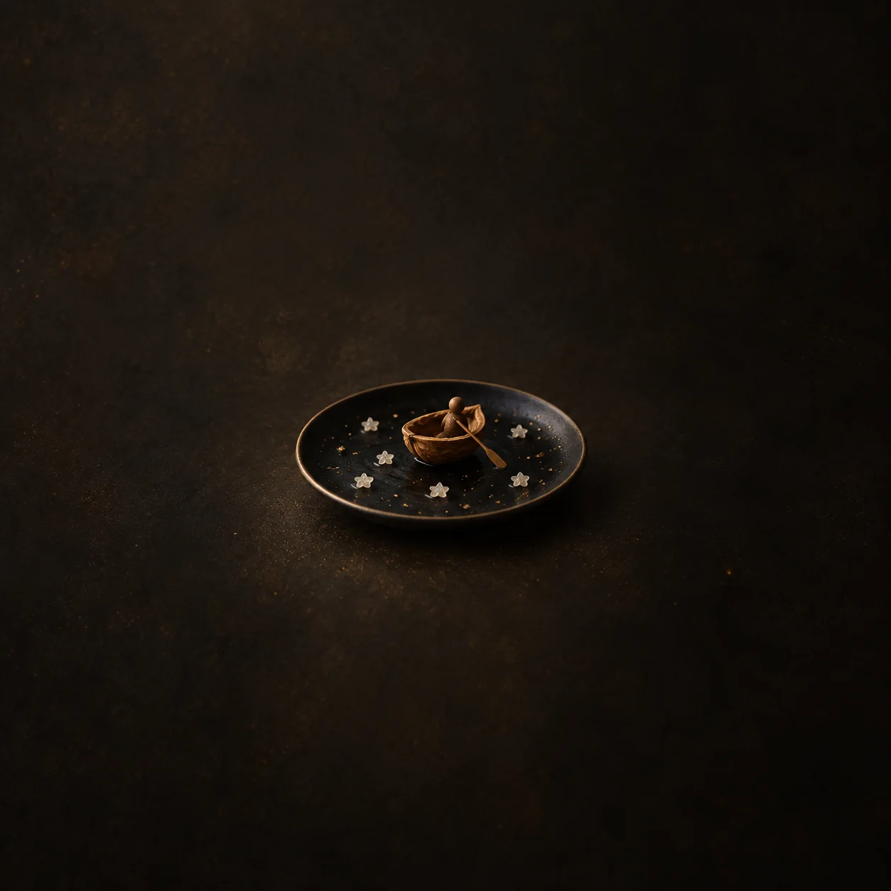A tiny walnut-shell boat on a black saucer surrounded by small pale stars against a dark background.
