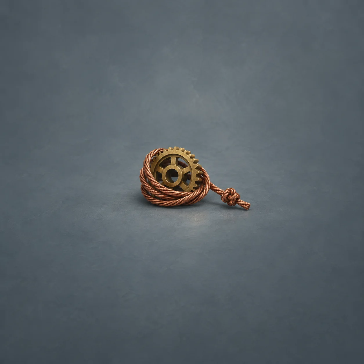 A brass gear wrapped in a coiled copper-colored cord with a knot at one end on a grey-blue background.