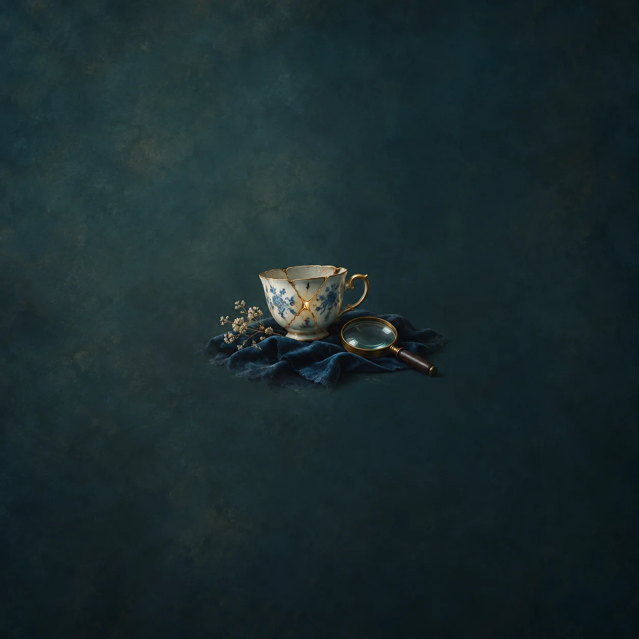 Painterly blue and white teacup with gold cracks beside a magnifying glass on dark teal cloth.