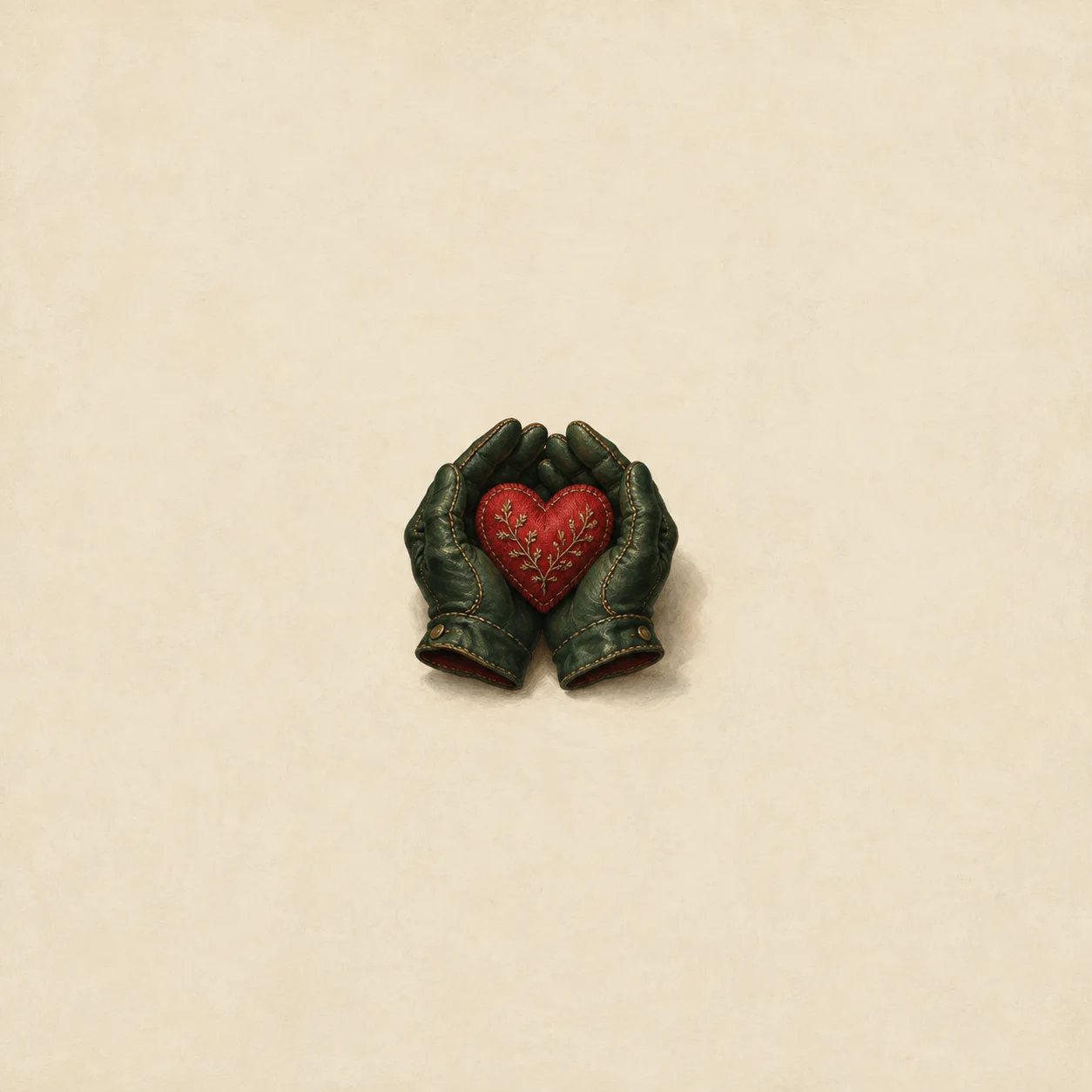 Pair of stitched leather gloves enclosing a scarlet embroidered heart patch