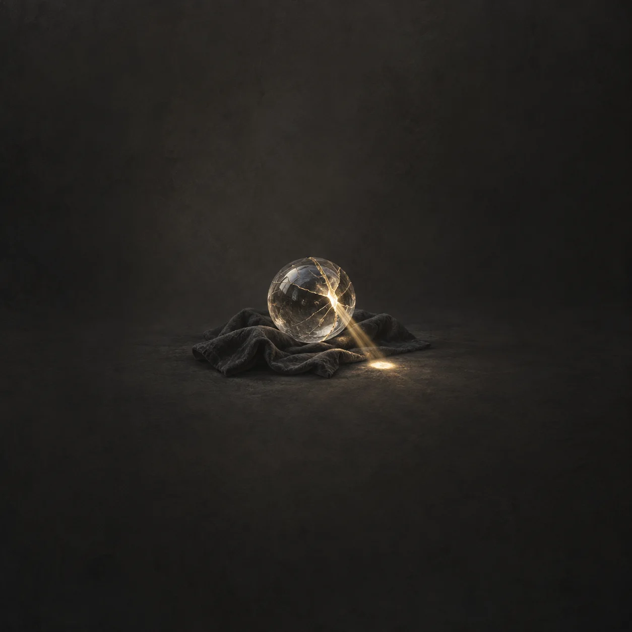 A cracked glass sphere resting on dark cloth, with golden light passing through it.