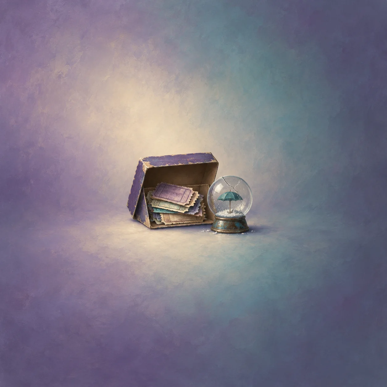 An open shoebox of faded tickets stands beside a cracked snow globe containing a tiny umbrella.