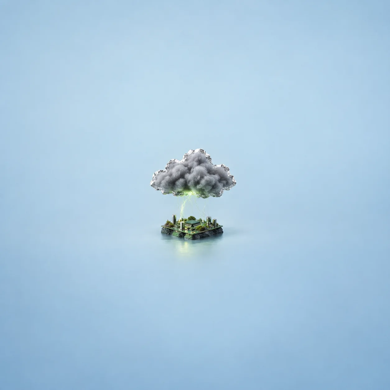 A small grey storm cloud floats above a green circuit board with a bright streak linking them.
