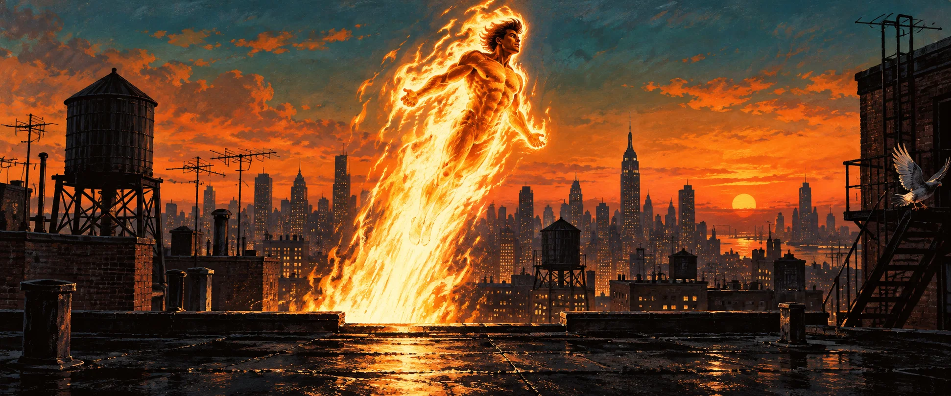 A young man wreathed in a column of flame bursts upward off a New York rooftop at sunset, water towers and skyline behind him.