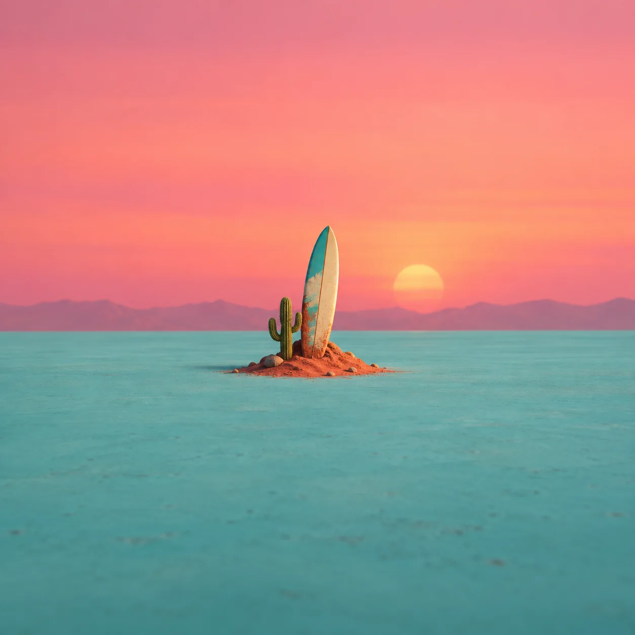 An upright surfboard and a small cactus stand on red sand beside turquoise water under a pink sunset.