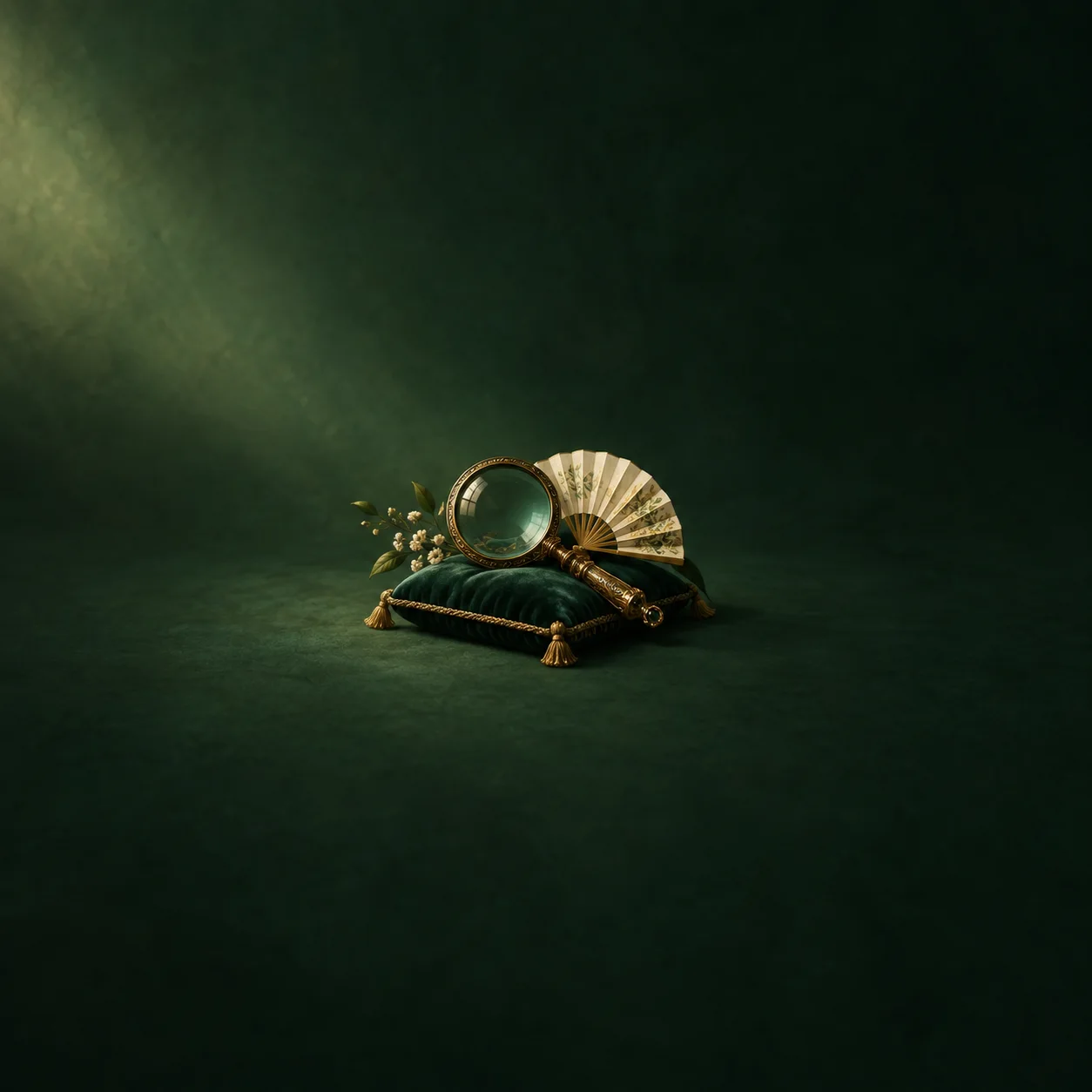 An ornate magnifying glass rests on a green velvet cushion beside a folded fan.