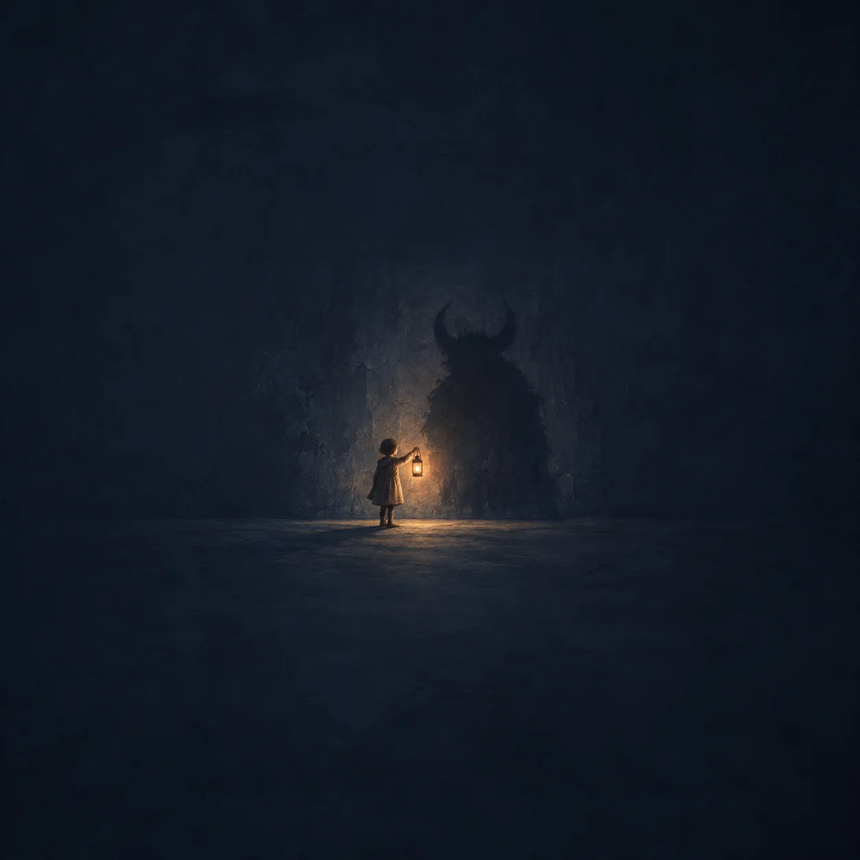 A small figure holding an amber lantern beneath a large horned shadow on a dark indigo wall.