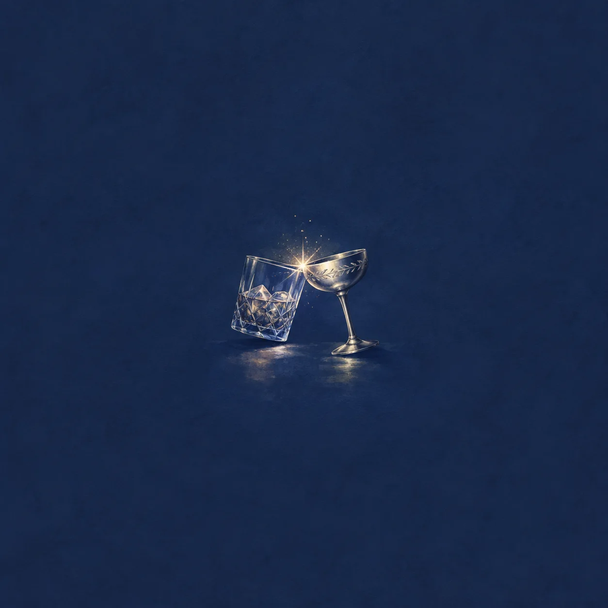 Painterly tumbler and stemmed glass touching with a bright spark against deep blue.