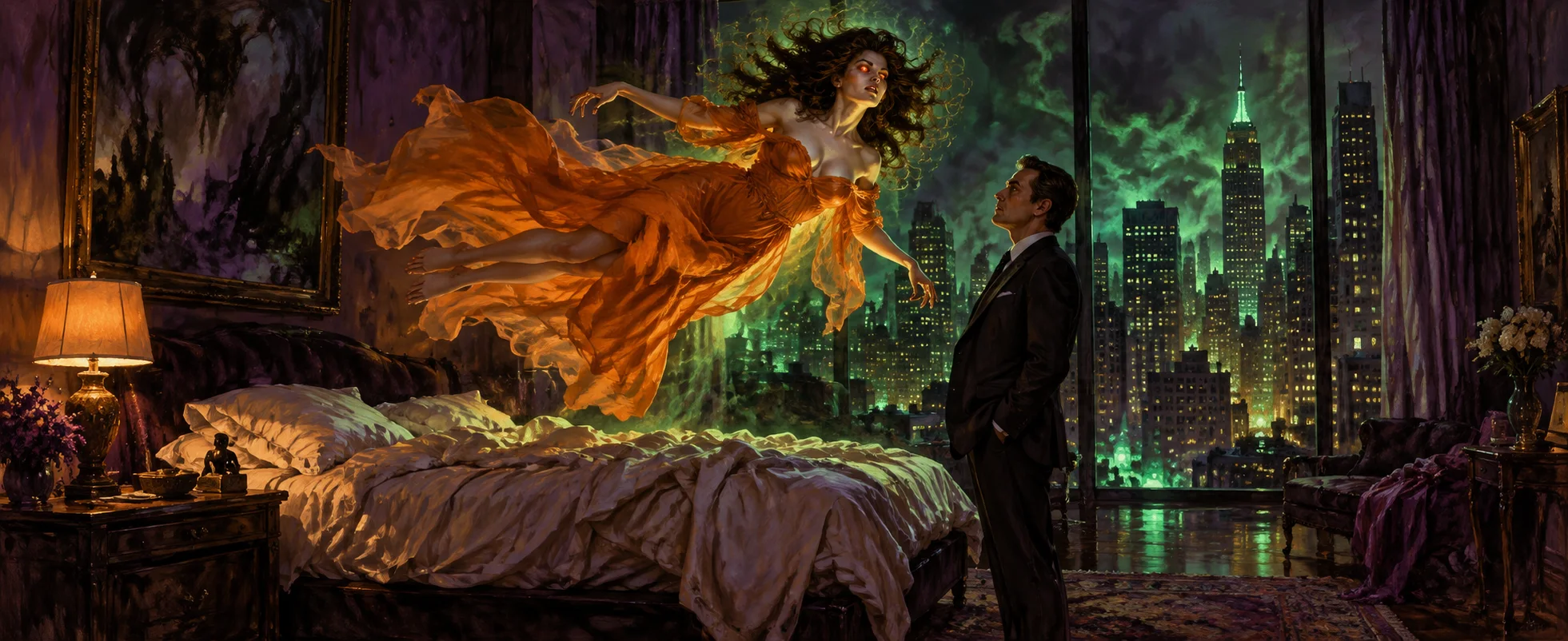 A possessed woman in a flowing orange gown floats above her bed as a man in a suit stands calmly beside it, the green-lit skyline outside.