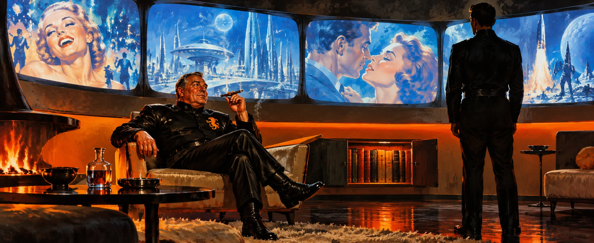 A fire captain in a black uniform lounges in an armchair by a fire in a living room of glowing wall screens while a younger fireman stands watching.