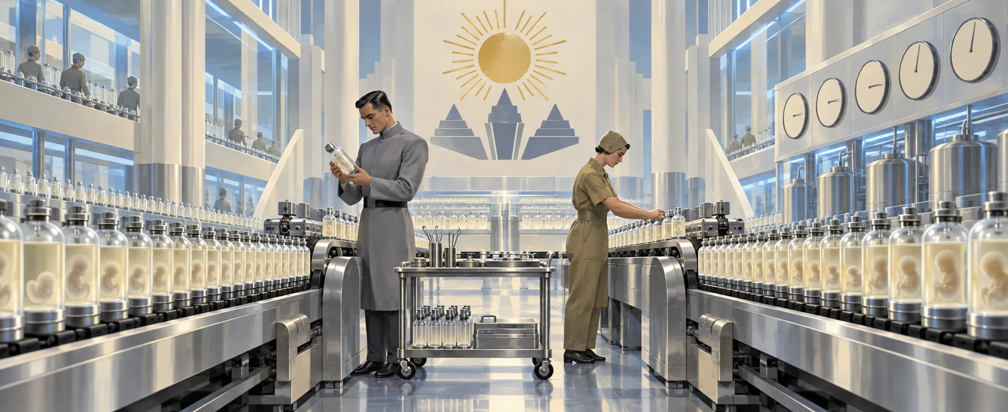 Two workers in caste uniforms tend rows of glass bottles on a conveyor in a gleaming white hatchery, a sun emblem on the wall.