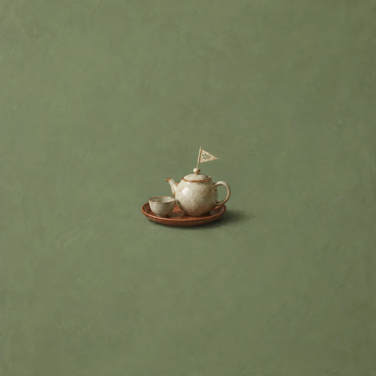 A small teapot with a tiny paper flag on its lid sits beside a cup on a reddish tray.