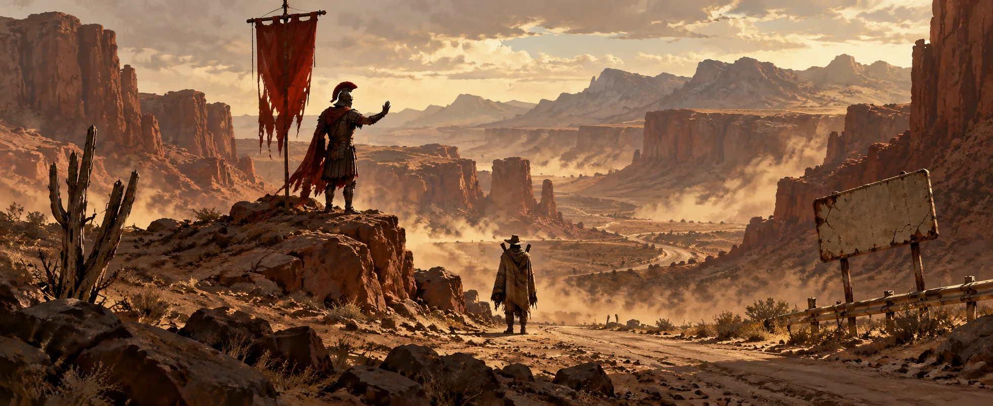 A figure in Roman-style armour beside a red banner raises a hand from a rocky outcrop to a traveller below in a desert canyon.