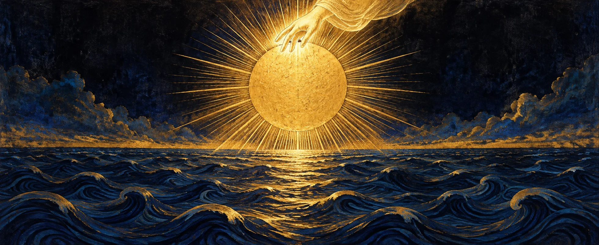 A radiant golden sun bursts over a dark, rolling primordial sea as a hand of light reaches down from the sky.