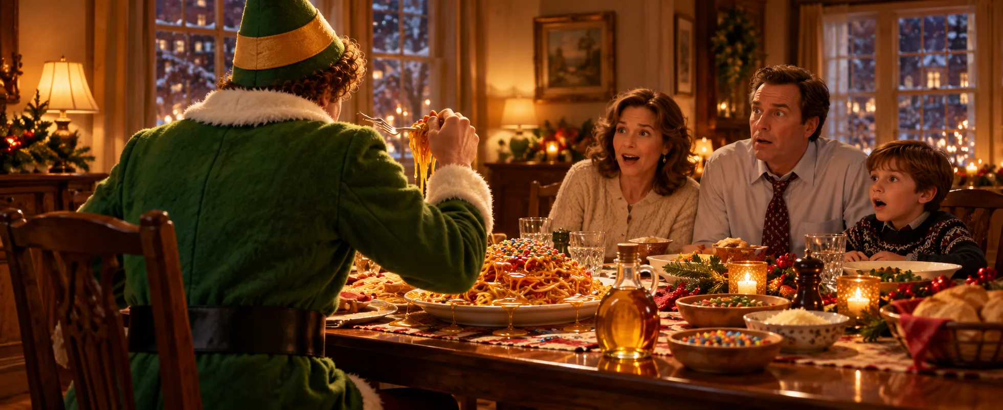 A man in an elf costume pours syrup on a plate of spaghetti at a family dinner as the family stares.