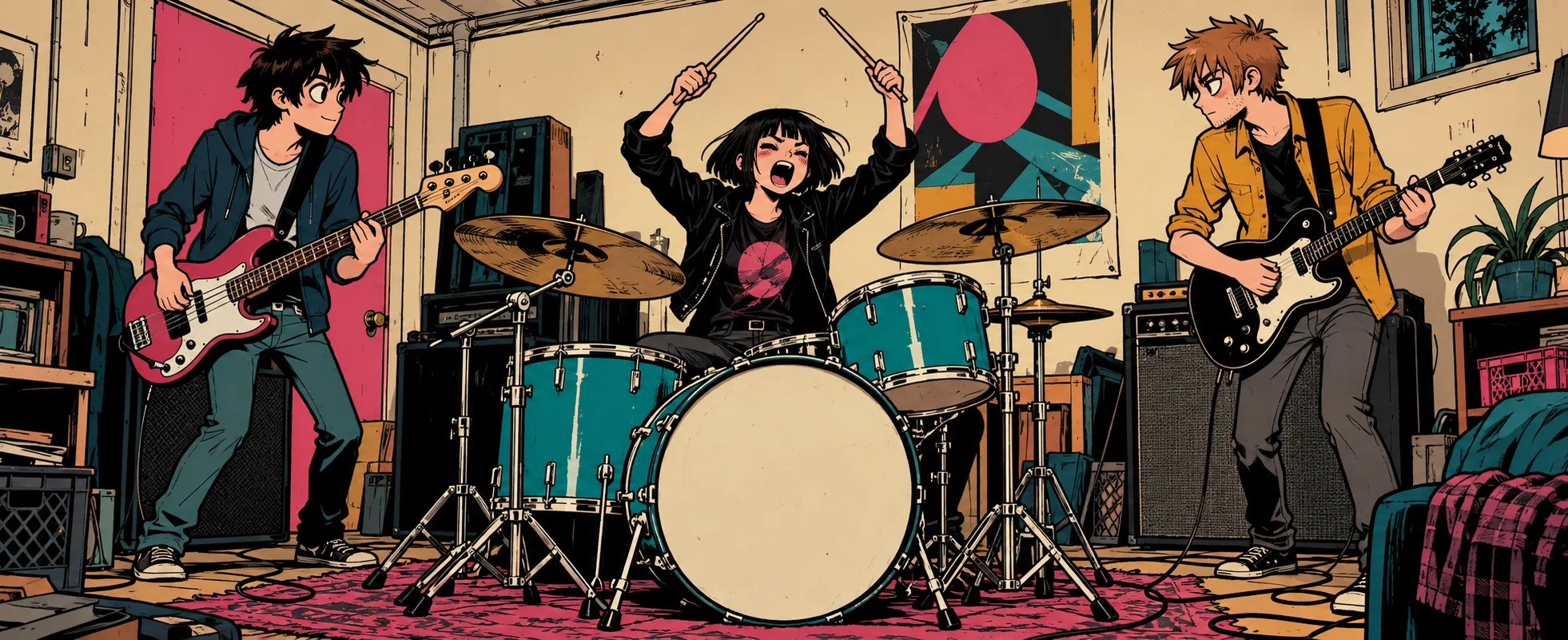A three-piece garage band rocks out in a cluttered practice room, a drummer with a black bob shouting the count-in behind her kit.