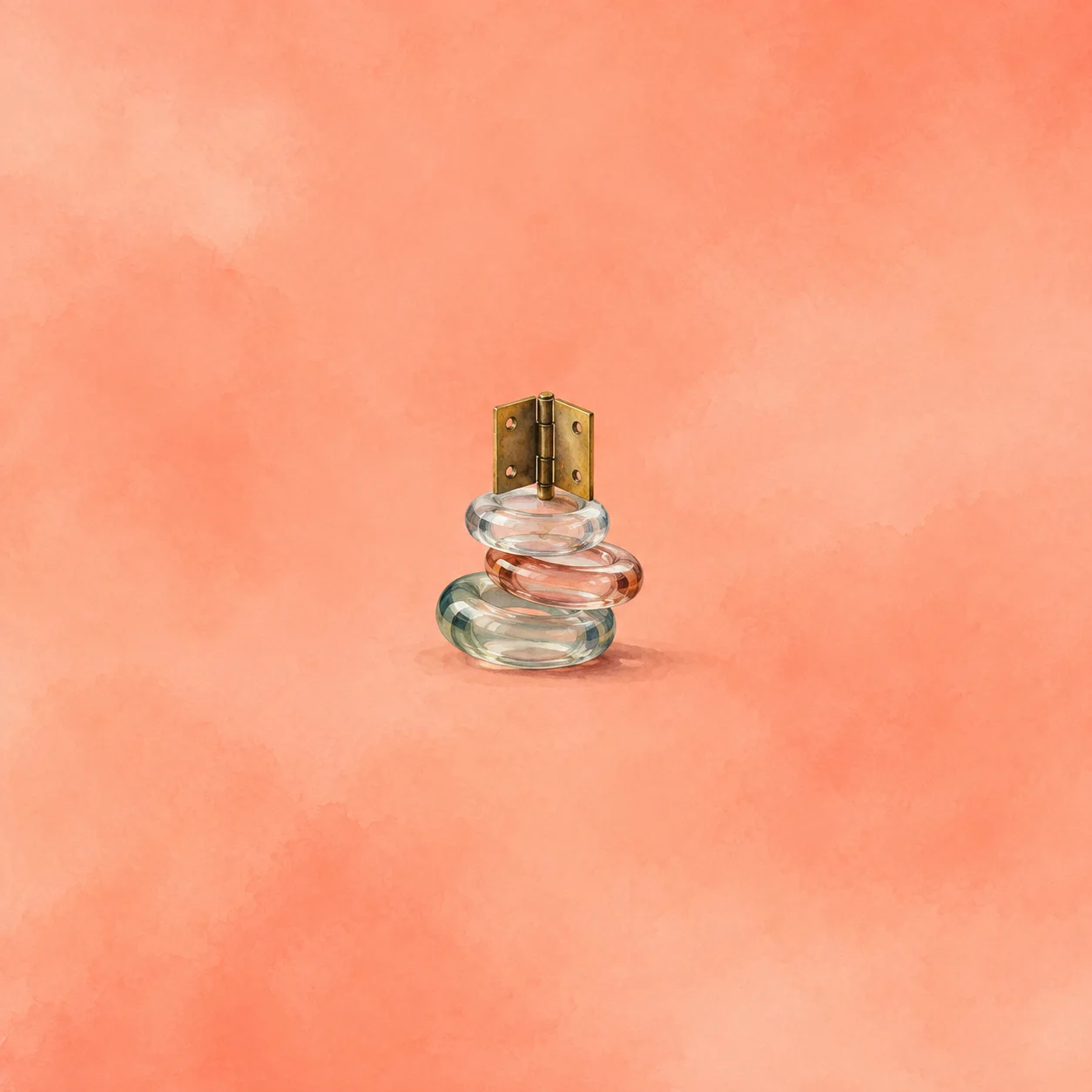 A brass hinge stands open atop a crooked stack of clear glass rings against coral.