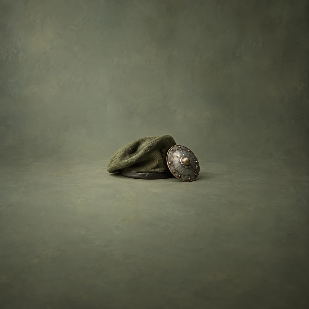 Painterly olive-green beret beside a small round metal shield.