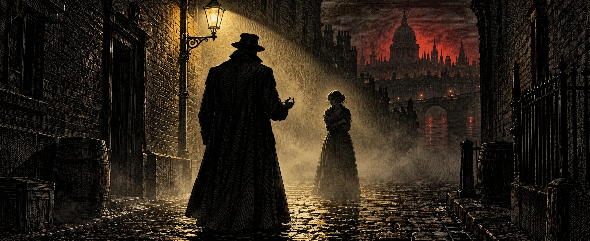 A cloaked man in a wide hat meets a young woman in a foggy cobbled London alley, the Old Bailey glowing behind.