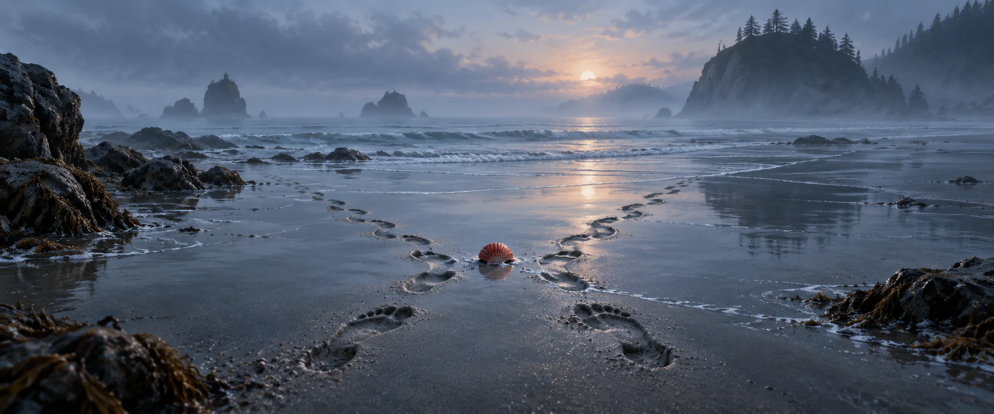 Two sets of footprints converge beside a small red shell on a misty blue-grey shoreline.