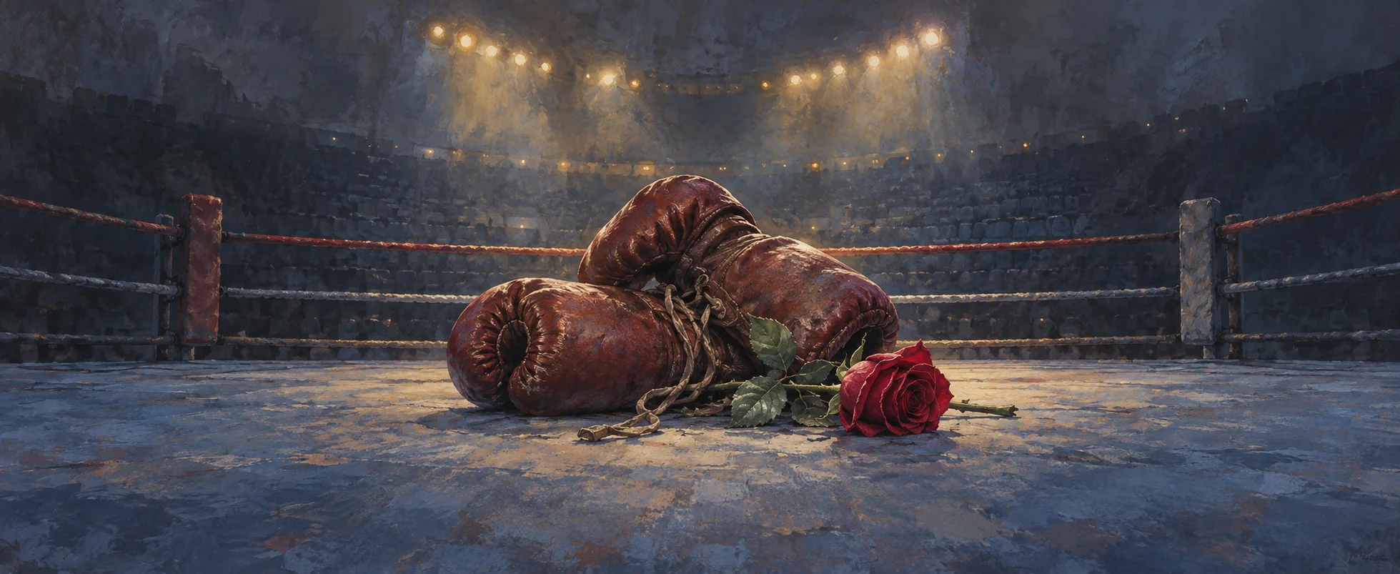 A single red rose rests beside worn boxing gloves under the fading lights of an empty arena.