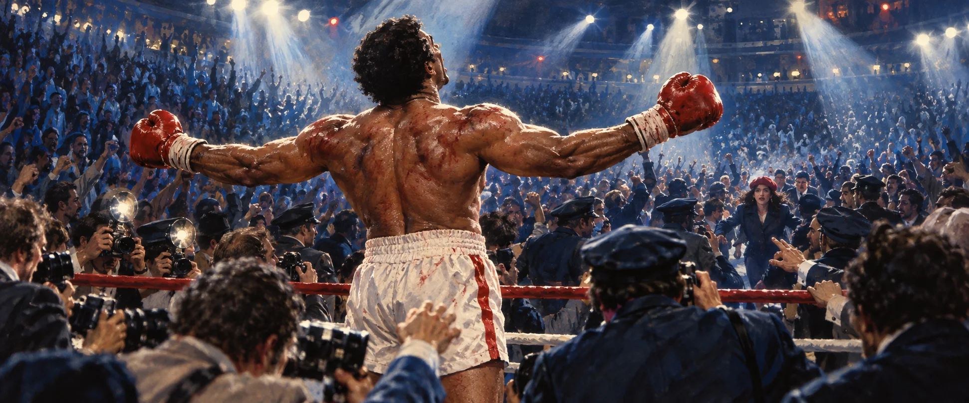 Seen from behind, a battered boxer in white trunks spreads his arms in the ring under arena lights as a woman in a red beret pushes through the crowd.