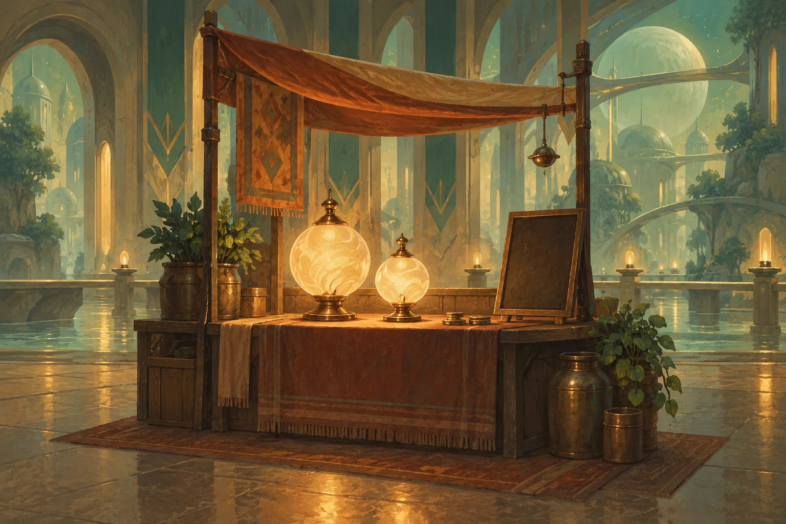 Two glowing glass lamps, small metal tokens and a blank signboard sit on a covered market stall inside a vast vaulted hall.
