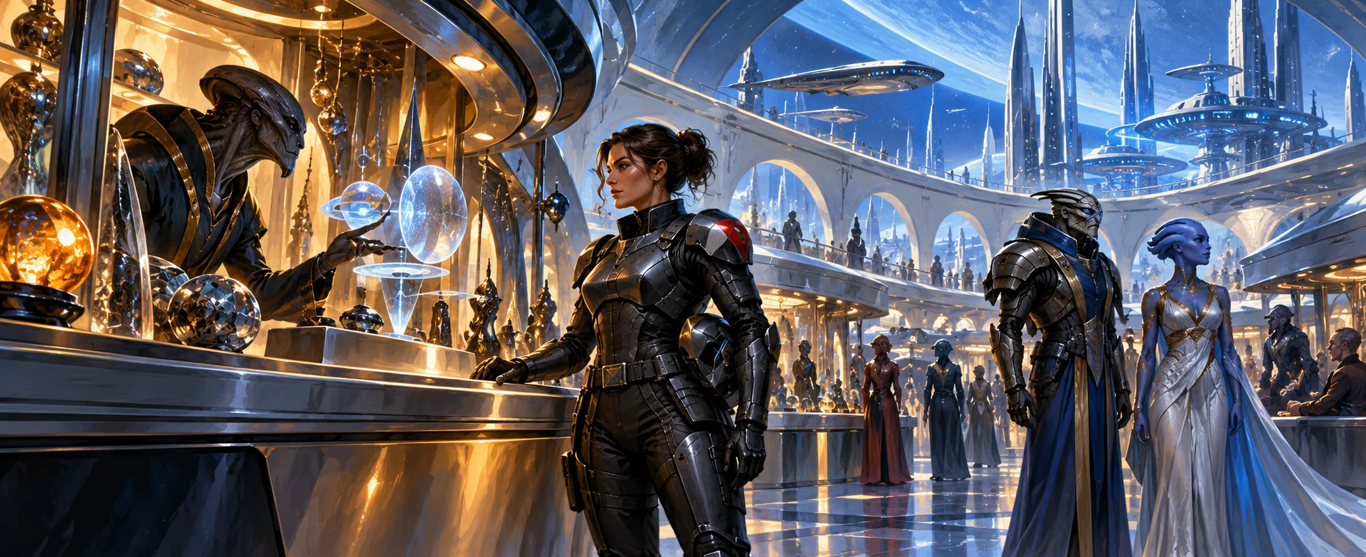 A woman in dark combat armour stands at a sleek shop counter in a gleaming alien arcade, an alien shopkeeper and armoured aliens nearby.