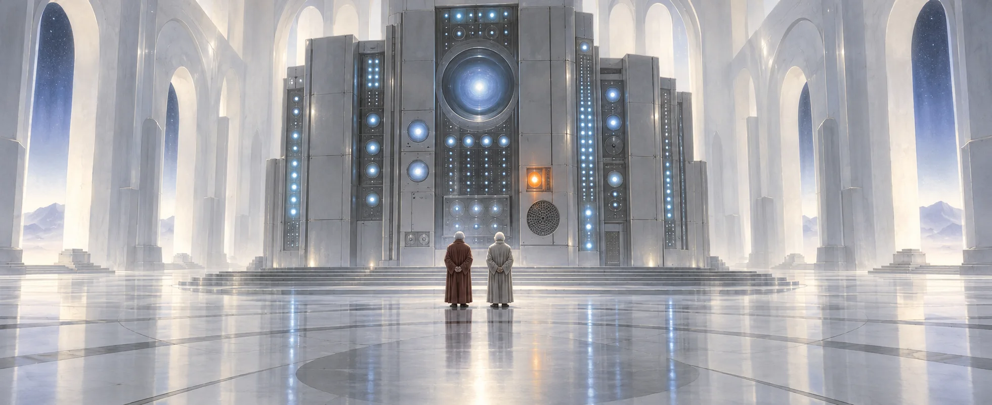 Two small robed figures stand before a gigantic glowing computer in a vast white hall.