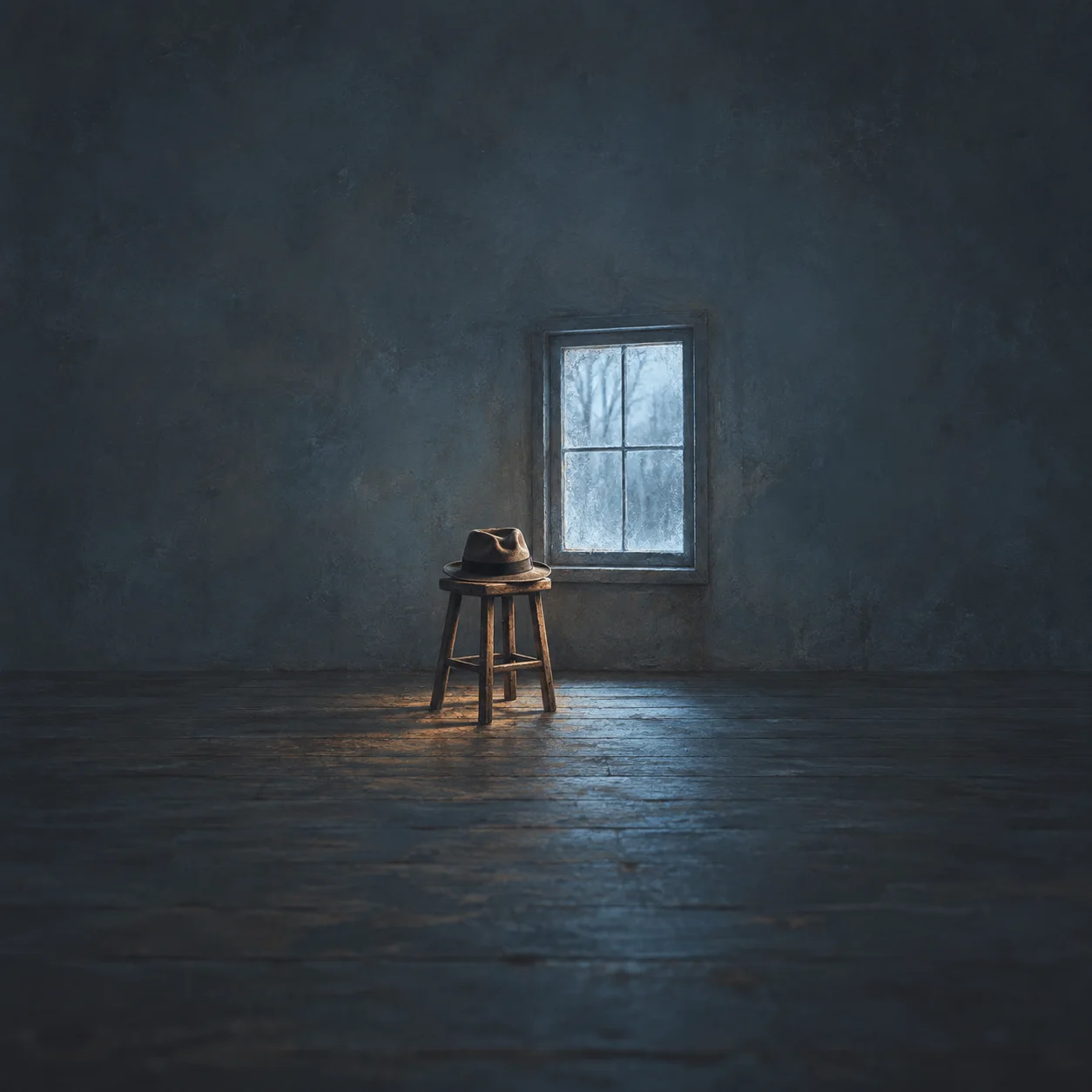 A crumpled dark felt hat rests on a wooden stool beside a frosted window in a dim blue-grey room.