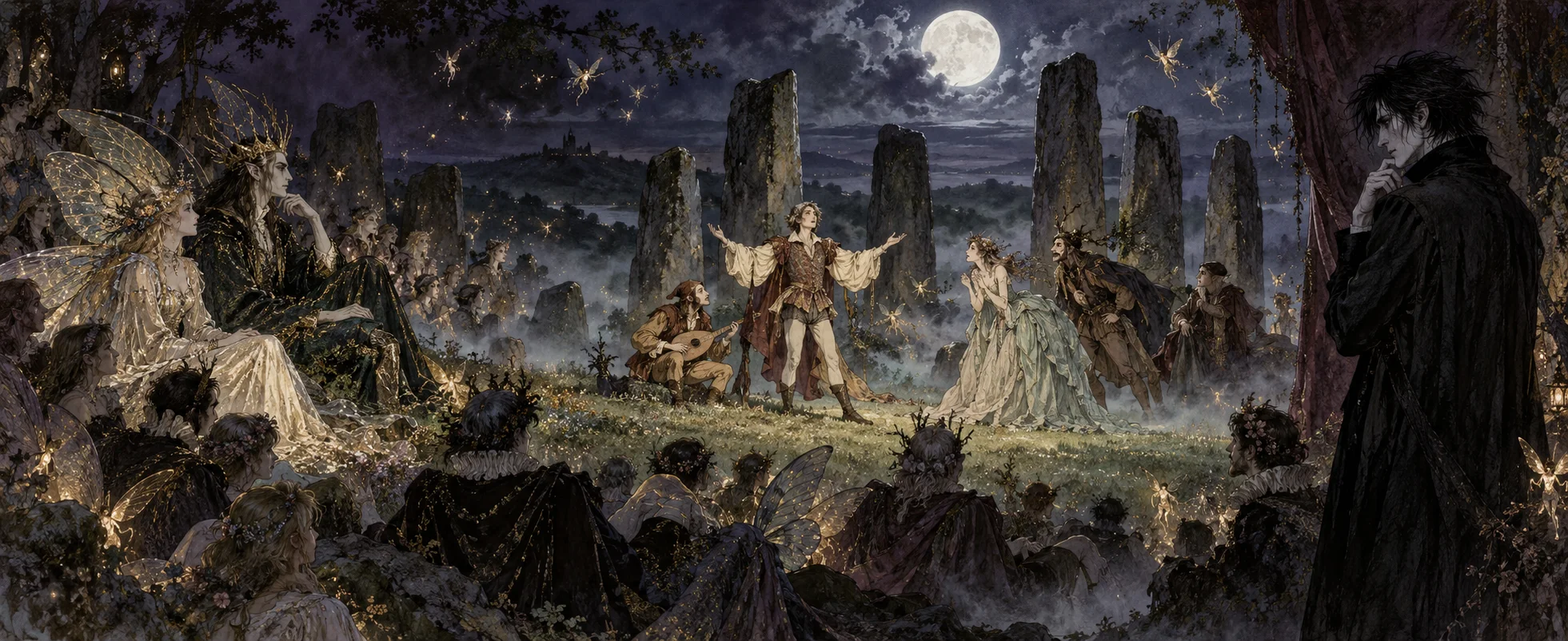 Comic illustration: a young man in a billowing shirt raises his arms in a moonlit stone circle before a winged fairy court, as a lute player and a gowned woman perform and a pale, dark-coated figure watches from the shadows.