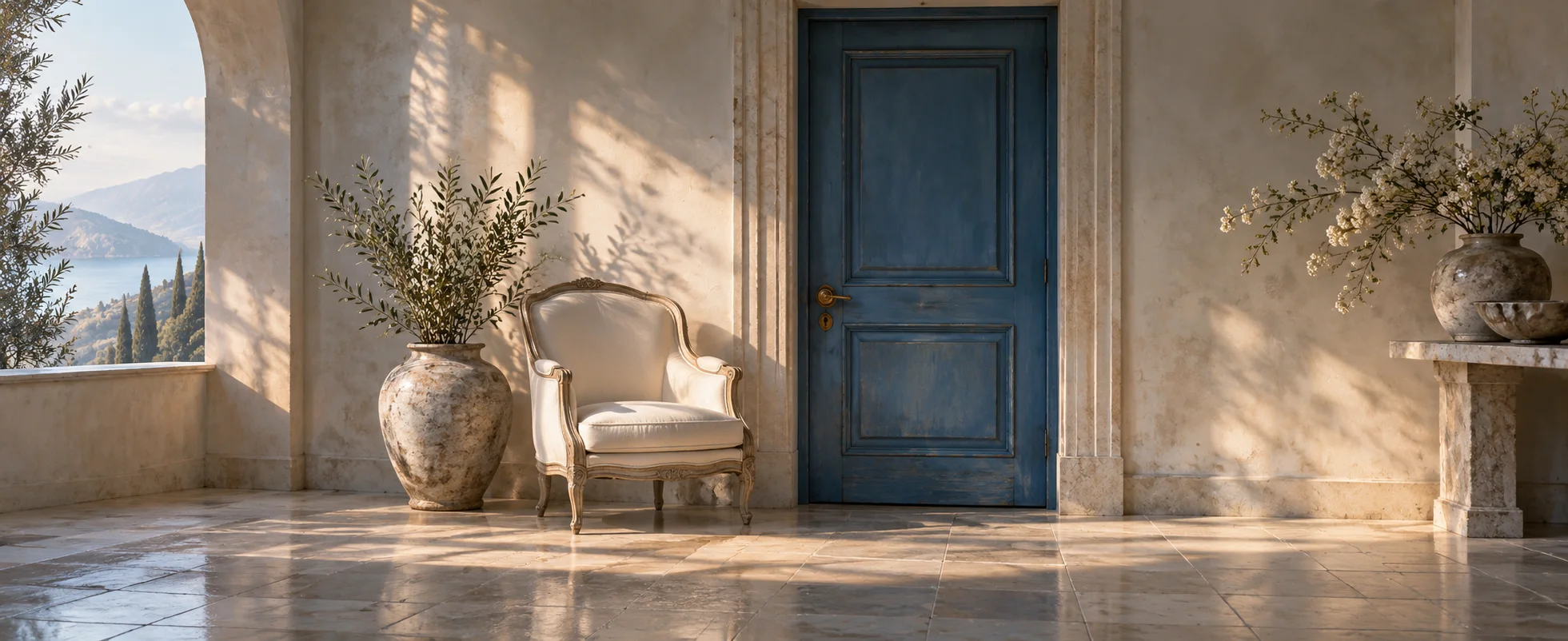 An empty ivory chair sits beside a closed blue door in a quiet pale tiled room.