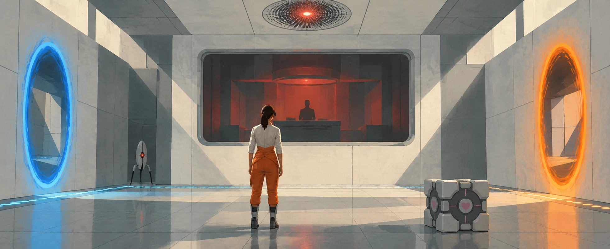 A test subject in an orange jumpsuit stands in a white test chamber between a blue and an orange portal, a red eye glowing above.