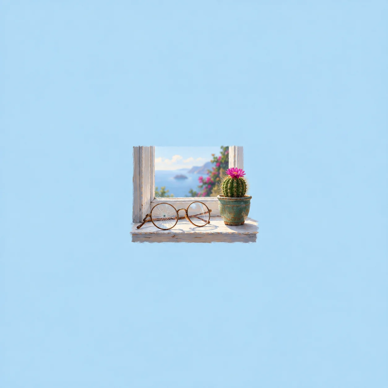 Round spectacles rest beside a flowering cactus on a windowsill overlooking blue water.