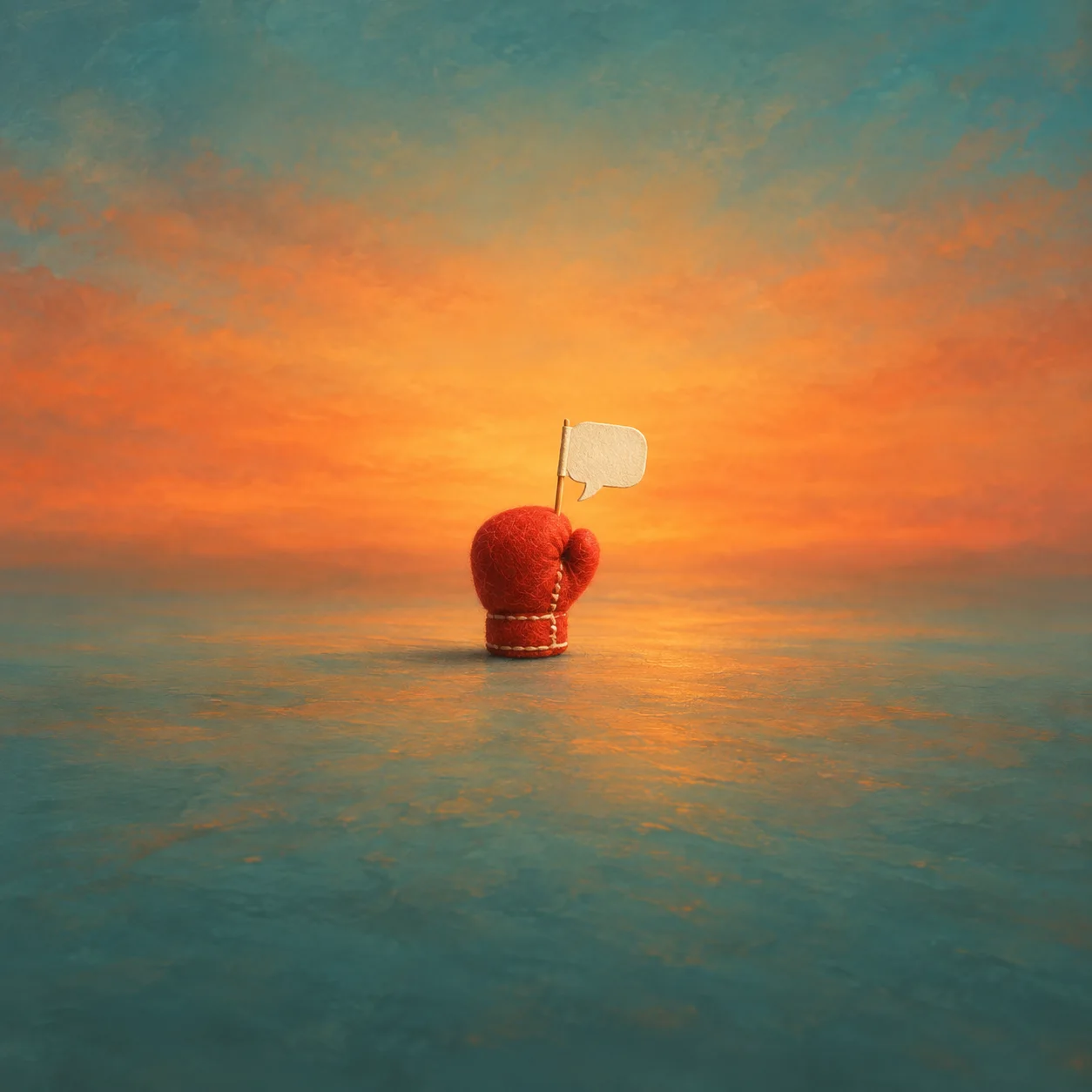 A red felt boxing glove stands beneath a blank speech-bubble-shaped paper flag.