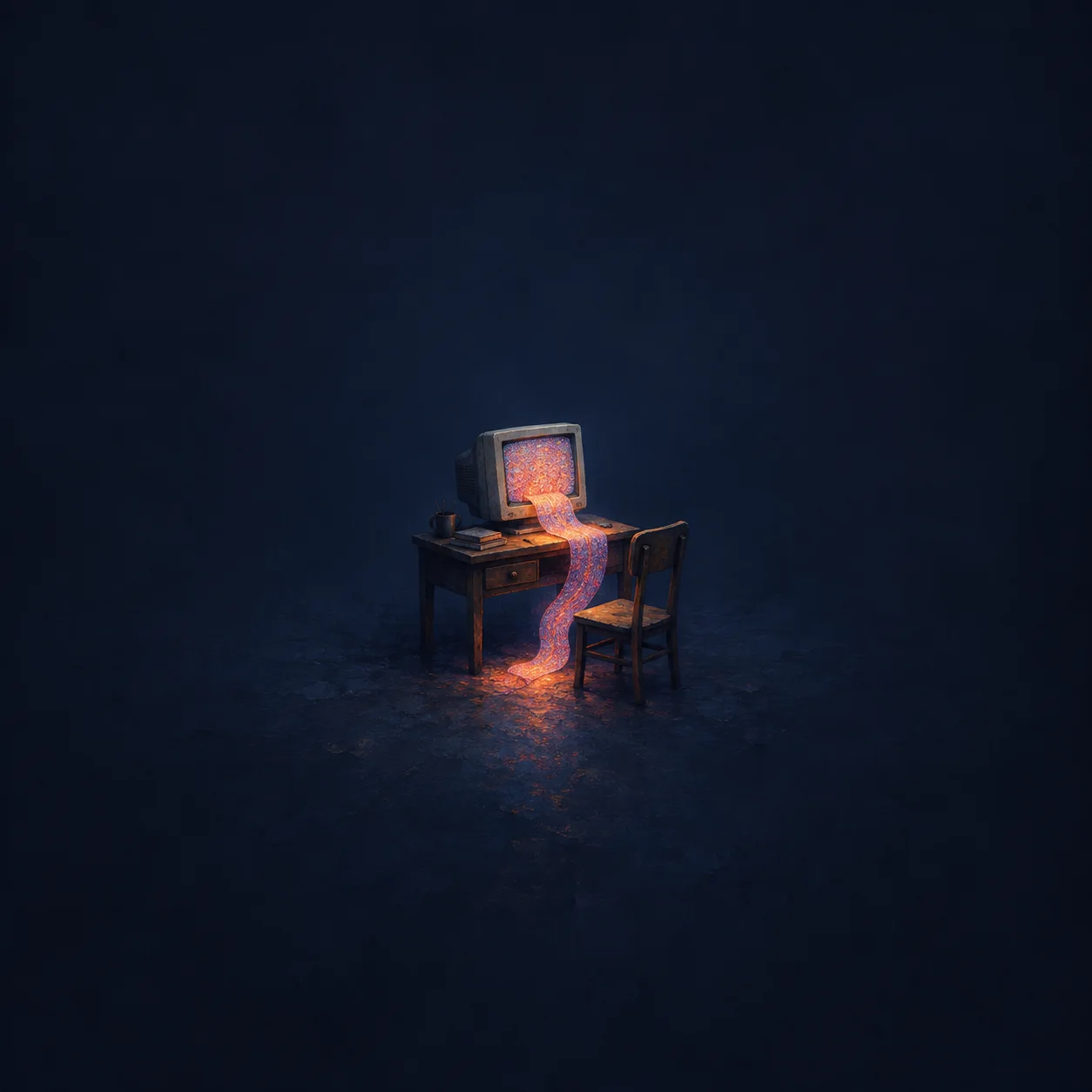 An orange and pink ribbon of static flows from an old computer screen across a small desk beside a wooden chair.