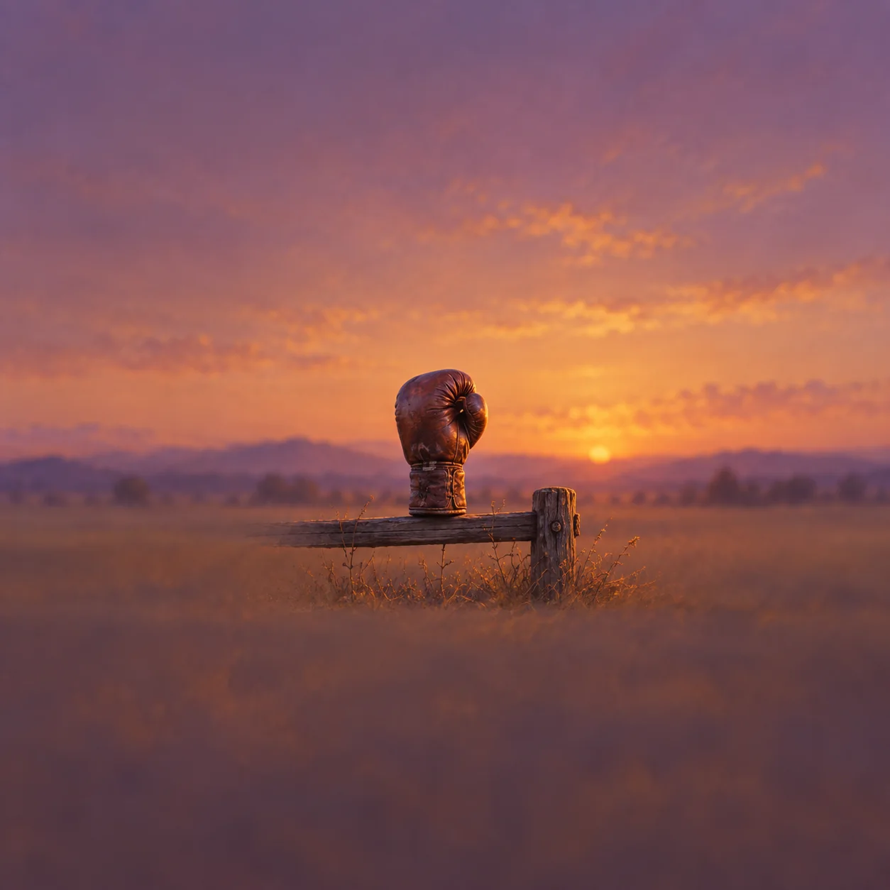 A worn boxing glove stands upright on a wooden fence rail against a golden-purple sunset.