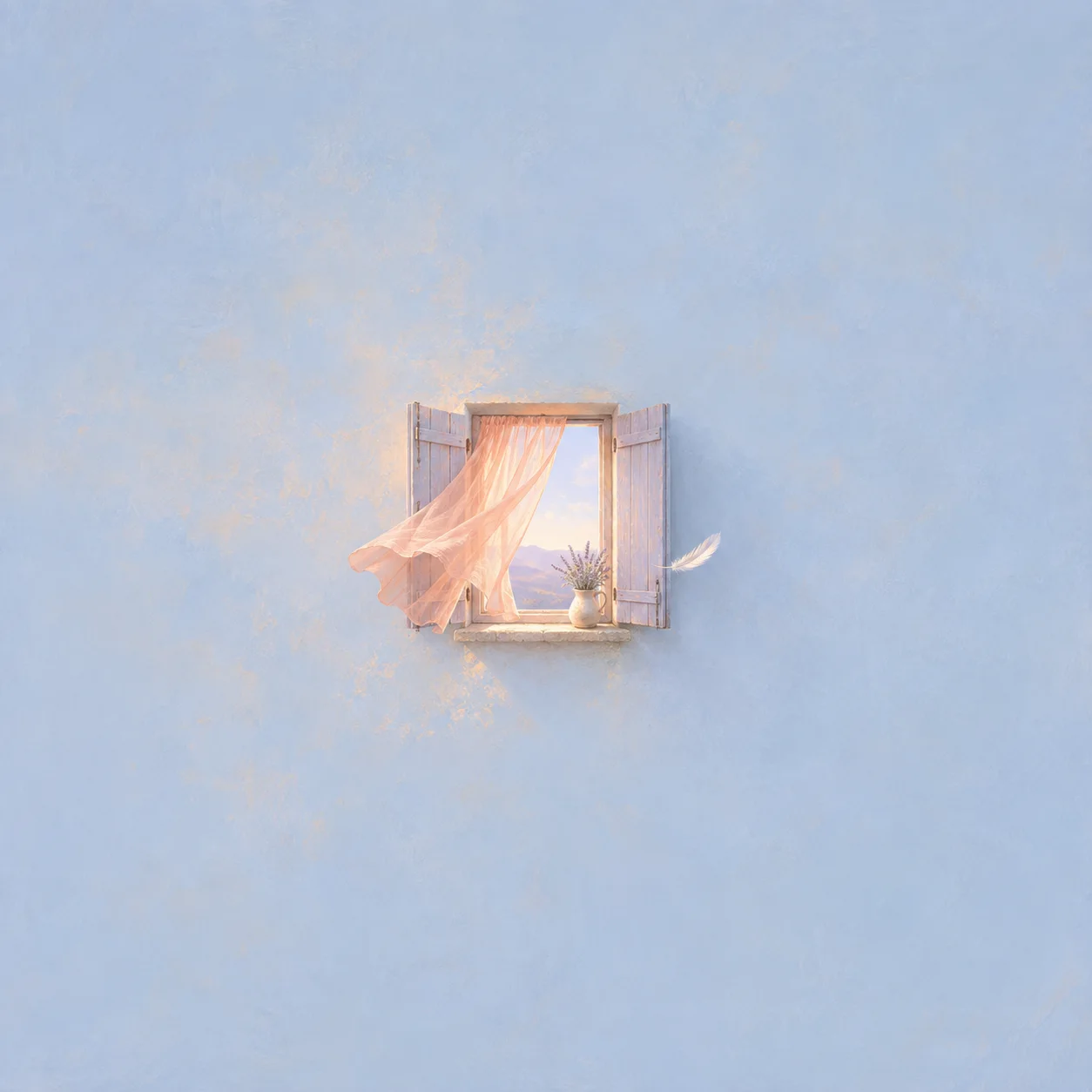 An open shuttered window with a peach curtain lifting beside a floating white feather on a pale blue wall.