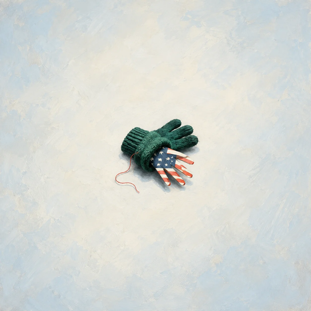 A green knitted glove partly covering a paper hand decorated with stars and red-and-white stripes.