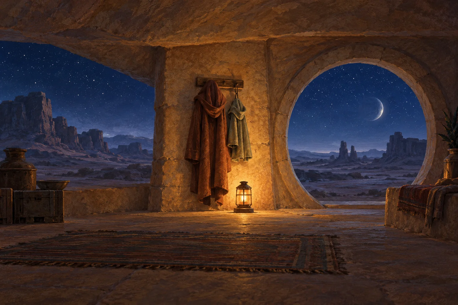 An adult rust-brown cloak and a small sage cloak hang together above a glowing lantern in a stone shelter beneath a star-filled sky.