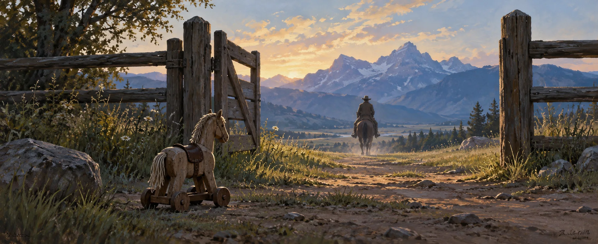 A small wooden toy horse sits beside an open gate as a distant rider heads toward blue mountains.