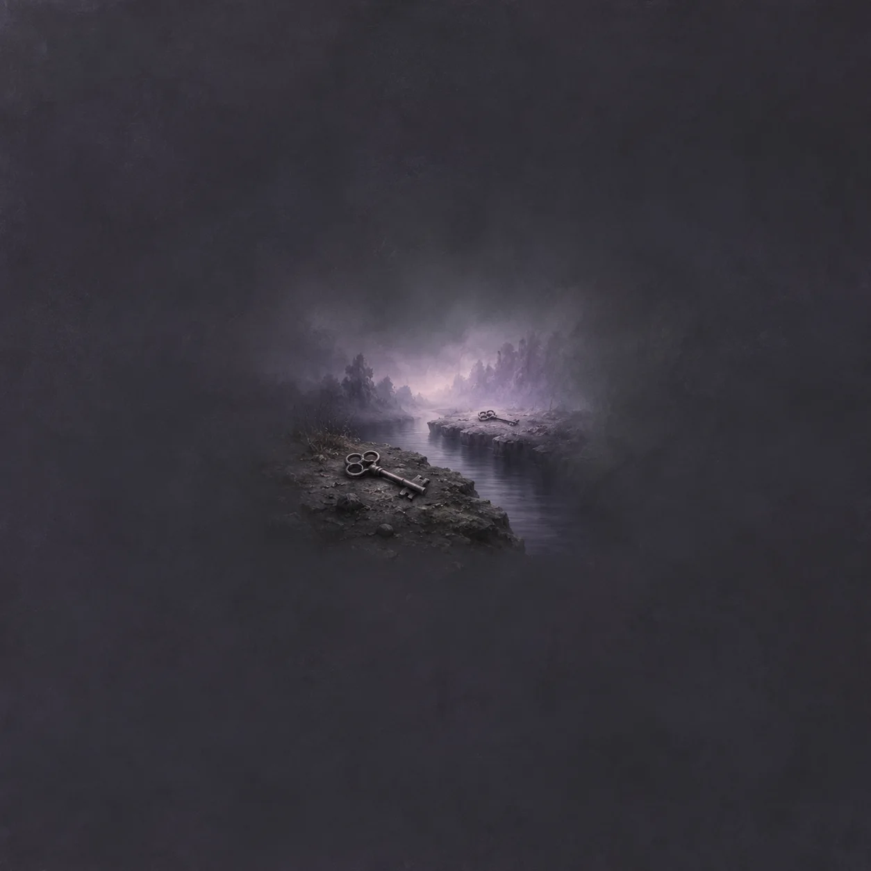 An iron key lies on a dark rocky bank beside a narrow stream disappearing into purple mist.