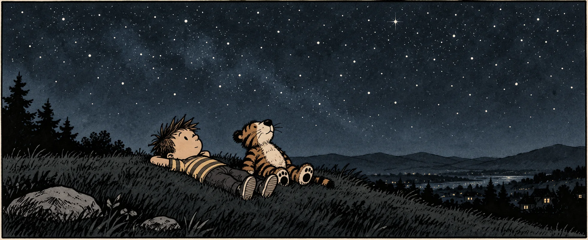 Newspaper-strip illustration: a spiky-haired boy in a striped shirt lies back on a grassy hillside beside a stuffed tiger, both gazing up at a sky full of stars above a distant valley with a few lit windows.