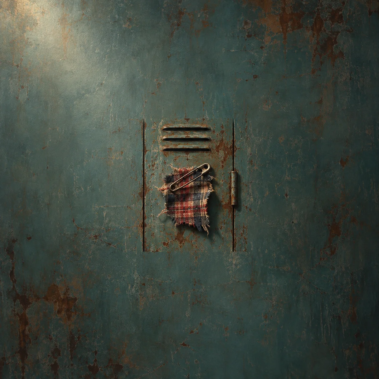 A frayed plaid fabric patch is held by a large safety pin on a rust-streaked blue metal locker door.