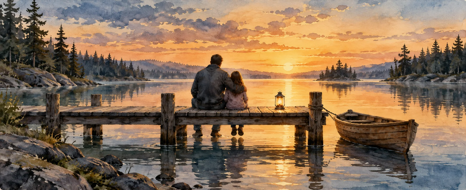 A father and his small daughter sit together on a lakeside dock at sunset, a lantern beside them and a rowboat tied to the post.
