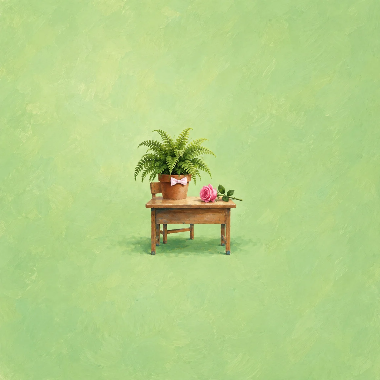 A potted fern with a pale paper bow sits on a small wooden desk beside a pink rose.