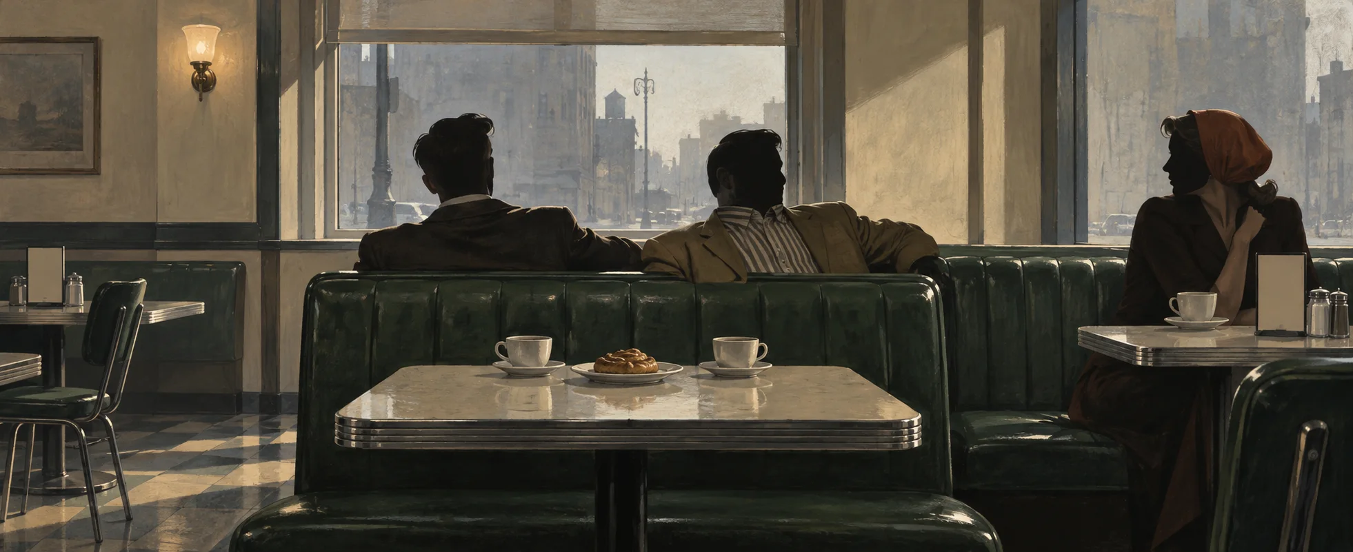Painterly illustration of two men sitting side by side in a diner booth seen from behind, with a woman in a headscarf listening from the next table, a grey city through the windows.
