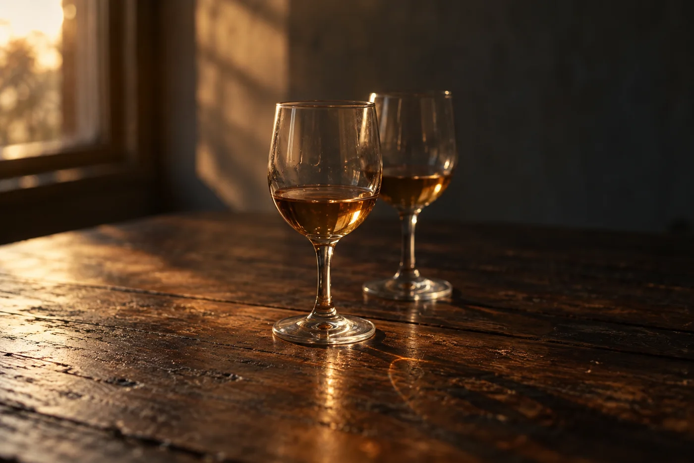 Two slender glasses stand close together in warm window light on a worn wooden table.